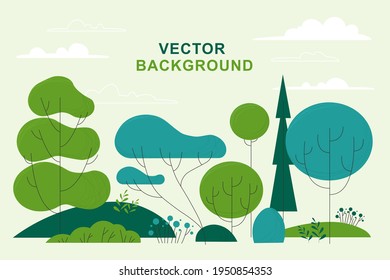 Spring landscape with plants and leaves in trendy simple style. Vector flat cartoon illustration