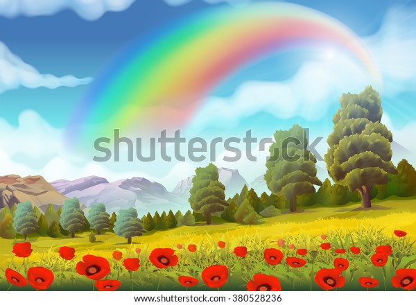 春の風景 ケシ 虹のベクター画像の背景 のベクター画像素材 ロイヤリティフリー