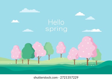 Cartel de paisaje de primavera o Anuncio. ¡Hola, primavera! Ilustración vectorial de la naturaleza, paisaje, sakura floreciente o flores de cerezo, prado con flores de primavera. Ilustración de paisaje de Vector.