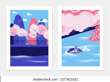 Spring landscape poster design, cherry blossom trees beside the river, pink and blue tones