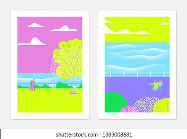 Spring landscape poster design, couples are relaxing in seaside park, cool green, blue and purple tones