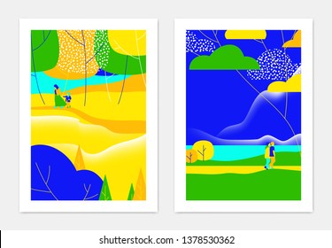 Spring landscape poster design, people are walking and relaxing in the park surrounded by trees, blue, green and yellow tones