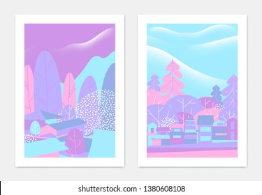 Spring landscape poster design, small village and cherry blossom trees, purple and blue tones