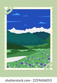 Spring landscape poster with snow-capped mountain peaks and flowers in simple style and bright colors