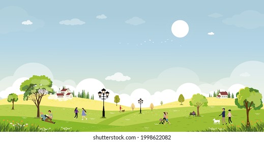 Spring landscape in public park with people relaxing outdoors in the garden.Cute cartoon spring time backdrop with green fields, wild flower and blue sky, Natural background for Summer banner