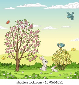 Spring landscape with rabbits. Hand draw vector illustration.