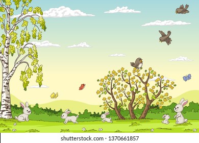 Spring landscape with rabbits. Hand draw vector illustration.
