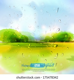 Spring landscape with rain drops.The illustration contains transparency and effects. EPS10