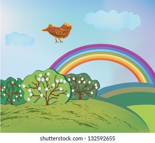 Spring landscape with rainbow and bird cartoon
