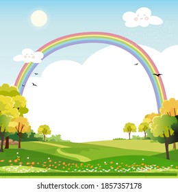 Frühlingslandschaft mit Regenbogen, blauem Himmel und Wolken mit Regen, Grünflächen mit Kopienraum, frische und ruhige ländliche Natur im Frühling oder Sommer mit Grasland.Cartoon Vektorgrafik für Kinder