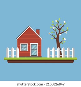 Spring landscape. Red house, fence and flowering tree with leaves. Spring season in the village. Countryside life. Vector illustration in flat cartoon style.