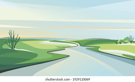 Paisaje de primavera con río al amanecer. Un bonito paisaje natural.