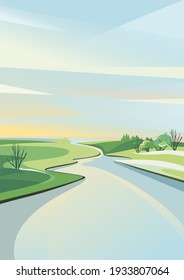 Spring landscape with river at dawn. Natural scenery in vertical orientation.