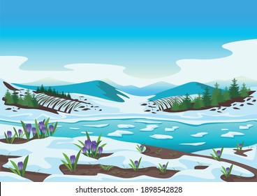 Spring landscape with river, mountains, forest, fields, melting snow and crocus. Beautiful spring background illustration. Vector