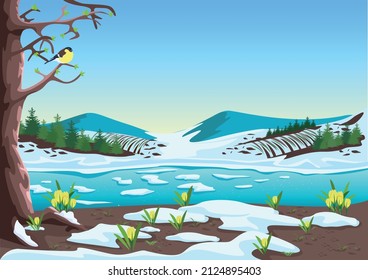 Paisaje primaveral con río, montañas, bosque, campos, nieve derritiéndose y crocus. Hermosa ilustración de fondo de primavera. Vector