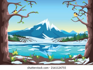 Spring landscape with river, mountains, forest, fields, melting snow and crocus. Beautiful spring background illustration. Vector