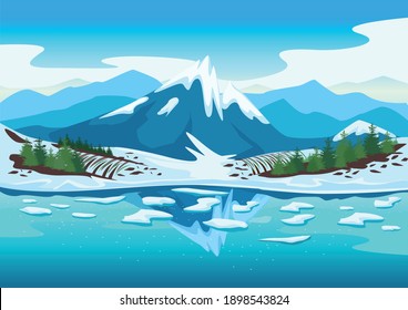 Spring Landscape With A River, Mountains In The Snow, Forest, Fields, Melting Snow. Beautiful Spring Background Illustration. Vector