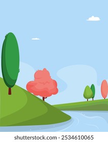 spring landscape river trees hills