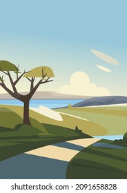 Spring landscape with road to the lake. Natural scenery in portrait format.