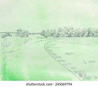 Spring landscape with road. Watercolor vector illustration.