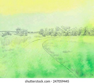 Spring landscape with road. Watercolor vector illustration.