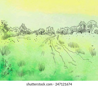 Spring landscape with road. Watercolor vector illustration.