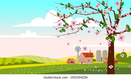Spring landscape rural countryside, blossom tree, rural nature with farm. Panorama springtime green fields, blue sky. Vector background