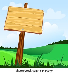 Spring landscape with rustic wooden sign, vector