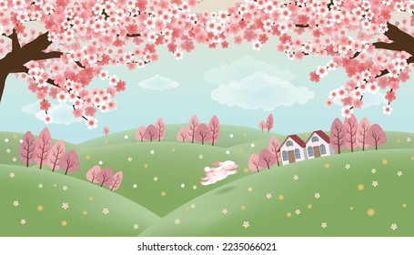 Spring landscape with sakura tree, hut and rabbit