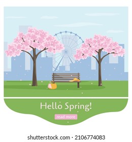 Spring landscape with sakura trees blossom, bench, hat, basket and city. Vector illustration in flat style for poster or banner. Sakura picnic in city park