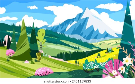 Paisaje de primavera con bosque de abetos y arbusto floreciente cerca de las montañas rocosas. Ilustración de paisaje de colinas verdes de naturaleza de Vector de dibujos animados