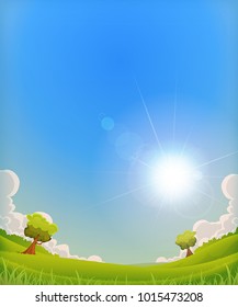 Spring Landscape With Shining Sun Halo/
Illustration of a cartoon nature spring or summer season landscape, with trees, meadows and shiny sunlight