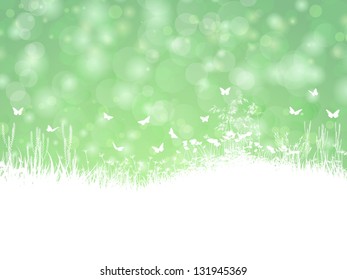 Spring landscape with silhouette of grass, flowers and butterflies