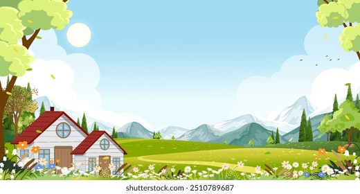 Spring landscape Sky Blue,Cloud with flower in garden at park,Vector Summer Nature with grass field on hill,Vector cartoon village with wild flowers and cottage house