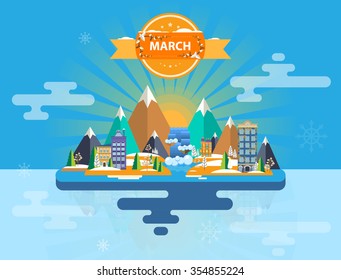 Spring landscape. Small town. Set of urban buildings. Calendar. Month of March.   Infographics. Mountains, sun, rays, forest, nature, river, city. Flat design. Stock. Image. Illustration. Vector.