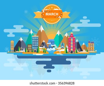 Spring landscape. Small town. Set 3 of urban buildings. Calendar. Month of March.   Infographics. Mountains, sun, rays, forest, nature, river, city. Flat design. Stock. Image. Illustration. Vector.