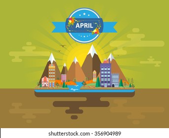 Spring landscape. Small town. Set 3 of urban buildings. Calendar. Month of April.   Infographics. Mountains, sun, rays, forest, nature, river, city. Flat design. Stock. Image. Illustration. Vector.