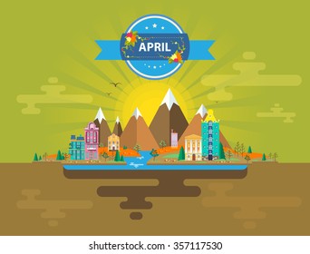 Spring landscape. Small town. Set 7 of urban buildings. Calendar. Month of April.   Infographics. Mountains, sun, rays, forest, nature, river, city. Flat design. Stock. Image. Illustration. Vector.