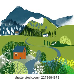 Spring Landscape with small village  vector illustration. Watercolor textur.