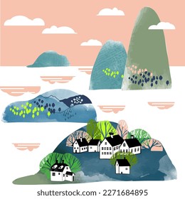 Paisaje primaveral con pequeña ilustración vectorial de pueblo. Textura acuarela.
