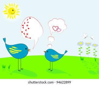 Spring landscape with the smiling sun and flowers with two loving birds. Vector illustration.