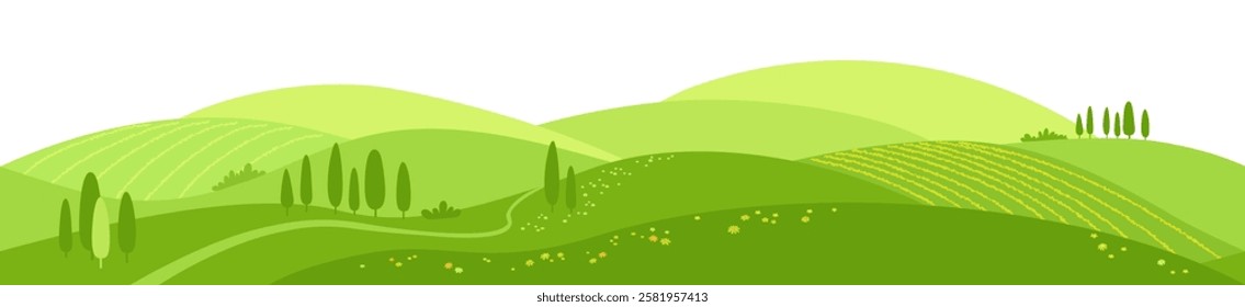 Spring landscape with smooth hills, flowers, trees and curved paths. Horizontal seamless  pattern.