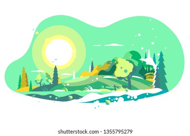 Spring landscape with snow vector illustration. Natural background with bright sun in green color flat style vector illustration. Colourful springtime