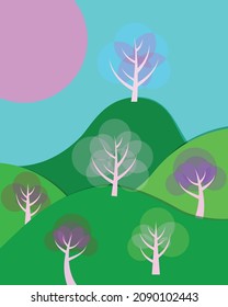 Paisaje primaveral con árboles estilizados. Colorida y hermosa composición de naturaleza para el fondo de la web, diseño de afiches, portadas de libros, publicidad, impresión para tela, empaque. Ilustración del vector