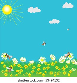 Spring landscape with sun, grass, flowers and bees
