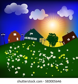 Spring landscape with Sun houses, clouds vector
