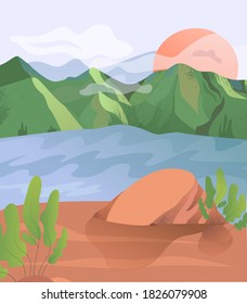 Spring landscape in sunny day with meadow on hills with blue sky, Panoramic lakeside of green mountains  and grass trees,Vector Summer or Spring nature background. Sunset vector illustration