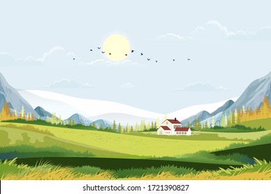 Spring landscape in Sunny day village with meadow on hills with blue sky, Panoramic countryside of green field with farmhouse, mountains and grass flowers,Vector Summer or Spring nature background