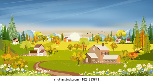 Spring landscape in Sunny day village with meadow on hills with blue sky, Panoramic countryside of green field with farmhouse, mountains and grass flowers,Vector Summer or Spring nature background