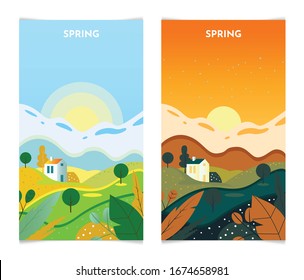 Spring Landscape at sunrise and sunset. Spring Season banners set template vector illustration